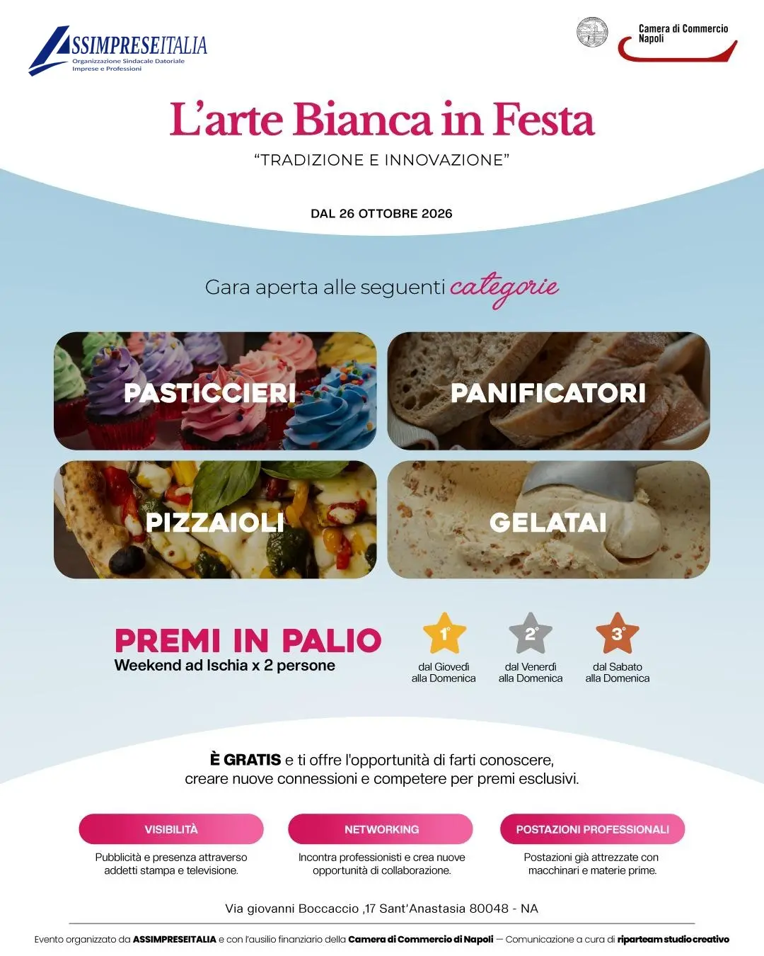 Locandina de L’arte Bianca in Festa 2026: gare per pasticceri, panificatori, pizzaioli e gelatai dal 26 ottobre 2026 a Sant’Anastasia